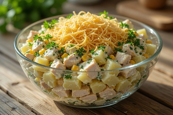 Салат с курицей, ананасом и кукурузой: сочный и сытный рецепт на каждый день