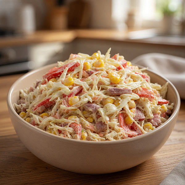 Хрустящий салат с капустой, крабовыми палочками и копчёной колбасой: простой рецепт на каждый день