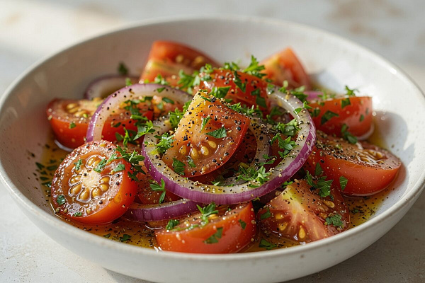 Маринованные помидоры с луком и медово-лимонной заправкой — быстрая закуска за пару часов