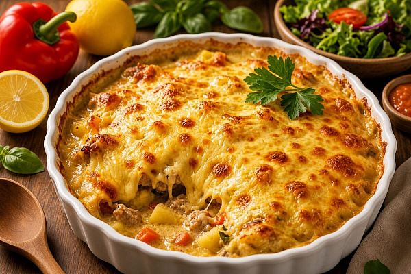 Красная рыба, запечённая с хреном и овощами под сырной корочкой
