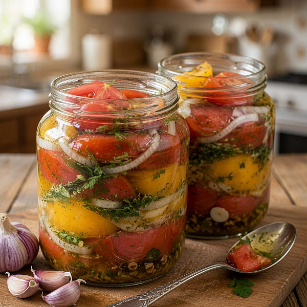 Маринованные помидоры дольками на зиму: простой рецепт с чесноком и зеленью